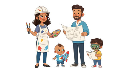 Cheerful family painting a colorful mural together at home.