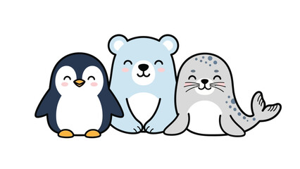 Cute trio of cartoon Arctic animals including a penguin, a polar bear cub, and a seal together.