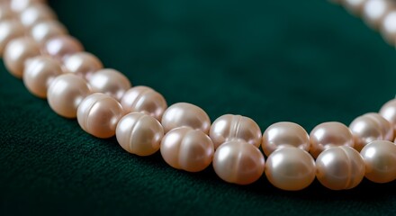 Elegant double strand of lustrous pink freshwater pearls displayed on a deep green velvety fabric background