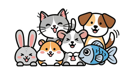 Group of Cute Cartoon Animals: Bunny, Cat, Dog, Hamster, Fish and Bird in Colorful Illustration.