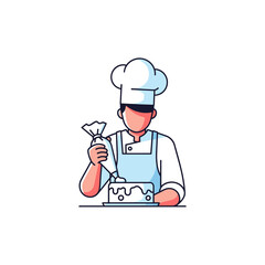 Chef decorating cake with frosting bag, professional baking illustration