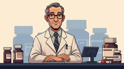 Cartoon Doctor in a Pharmacy Laboratory Setting with Medicines and Equipment.