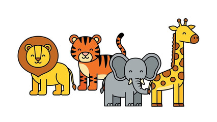 Colorful cartoon of a lion, tiger, elephant, and giraffe together as friendly wildlife friends.