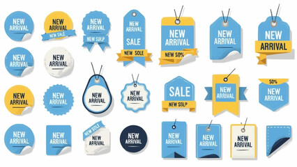 A large collection of "New Arrival" marketing badges, labels, and stickers in shades of blue and yellow.