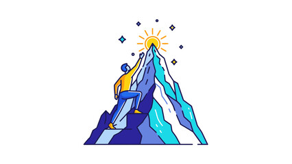 Illustrated climber reaching a sunlit mountain peak with stars.