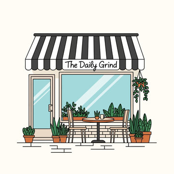 Cozy Cafe Exterior with Outdoor Seating and Plants - "The Daily Grind"