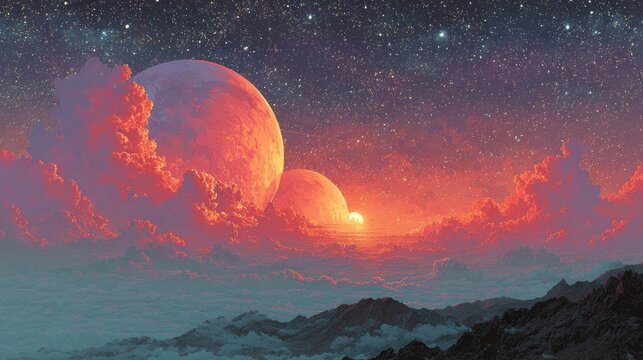 Two massive celestial bodies illuminate a colorful, cloudy landscape against a starry night sky