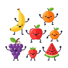 Naklejka premium Happy Cartoon Fruits Characters Dancing and Smiling - Vector Illustration