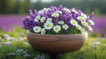 Fototapeta premium Purple lavender and white daisies in a wooden bowl, blurred meadow in background