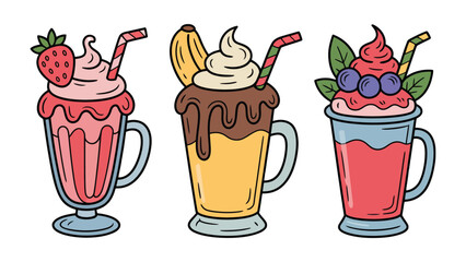 Refreshing Fruit Drinks: A trio of vibrant, artistic fruit drinks, each uniquely adorned with fresh fruit, inviting indulgence and visual delight. 
