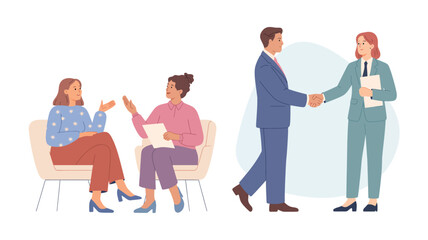 Obraz premium Two women engage in conversation while a man and woman complete a successful business handshake