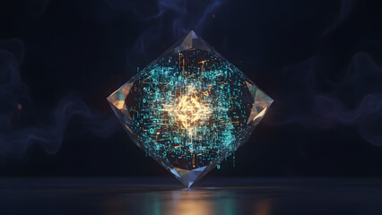Quantum encryption concept with glowing data crystal and digital protection codes.