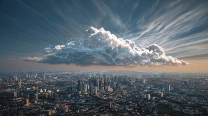 Generative AI image of cloud computing and digital data transfer with computing networked across cities country and globe with virtualization approach.