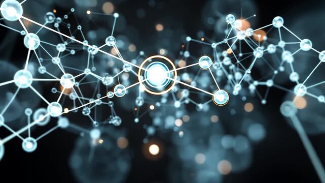 Molecular structures connect in a dark space with glowing nodes and lines uyt 57