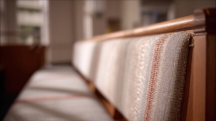 Medium shot capturing fabric upholstery installation on a place of worship pew focusing on smooth fabric stretching and staple fastening for comfortable seating