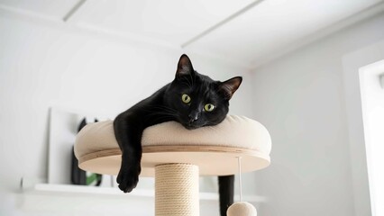 A Black Cat Lounging on a Scratching Post in a Bright, Modern Home Interior