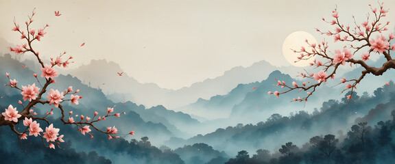 Serene mountain landscape with cherry blossoms and misty hills