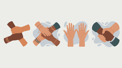 Various hands showing unity support and connection through different gestures and interactions
