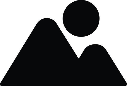 Image placeholder landscape mountains icon, ,Minimal black image placeholder icon with mountains and sun, commonly used to represent photos, galleries, media loading, or missing images.

