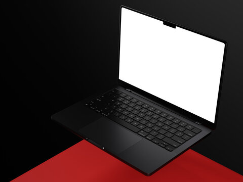 Modern laptop mock up displays sleek device concept with minimalist design on vibrant red surface