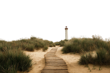 Path through sand dunes to lighthouse isolated on transparent background