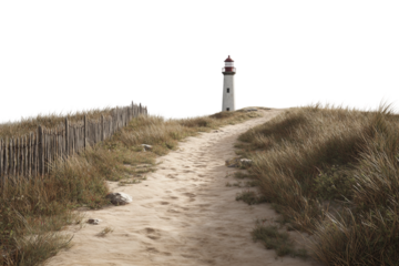 Coastal sandy path leading to lighthouse isolated on transparent background