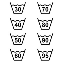 Washing temperature settings. Clothing marking. Warning symbol. Information about safe washing temperatures on the clothing label. A set of labels with numerical values for washing modes.