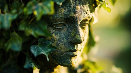 Ancient Stone Sculpture of a Goddess Surrounded by Lush Green Ivy Vines