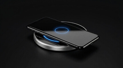 Modern smartphone on wireless charging station, minimalistic black background, glowing charge indicator