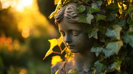 Enchanting stone sculpture bathed in golden sunlight and framed by lush ivy