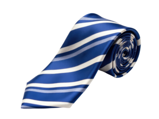 A single blue and white striped tie on a white background