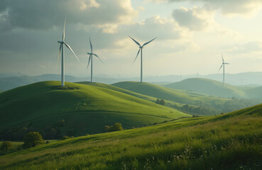 Wind turbines generate power on green hills under cloudy sky. Alternative energy sources blend with nature, creating rural landscape of rolling hills, fields. Clean electricity produced by wind power.