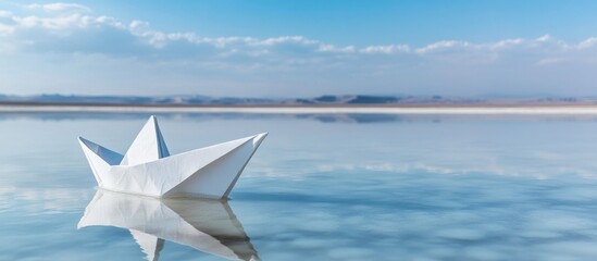 Paper Boat Floating on Serene Waters Reflecting a Calm Sky, Symbolizing Hope and Peace