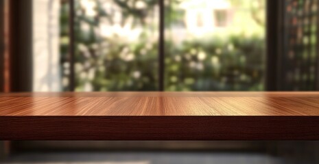 Elegant wooden table surface with blurred green garden background