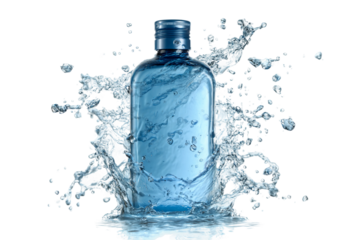 Hair care shampoo bottle with dynamic water splash isolated on transparent background