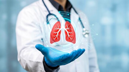 Doctor holding digital lungs icon representing healthcare concept
