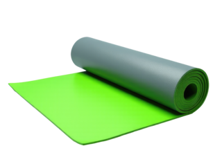 A single roll of green yoga mat on a plain white background, ideal for use in fitness and wellness illustrations