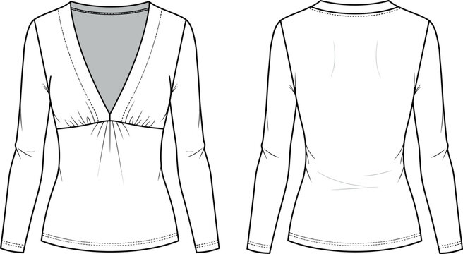Female Long Sleeve V-Neck Top Technical Sketch with Empire Waist Gathering and Double Needle Stitching Detail for Fashion Design Template.