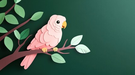 Pink Paper Parrot Perched on a Branch with Green Leaves Illustration