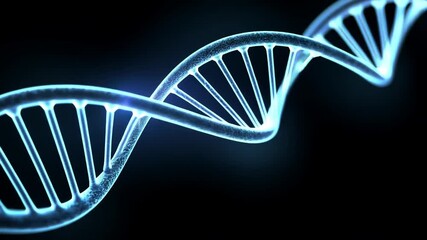 Glowing blue DNA double helix structure twists in dark space with uyt (60) details