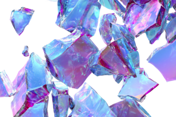 Dynamic shattered glass colorful pieces isolated on transparent background