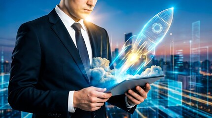 Businessman using digital tablet with rocket startup concept

