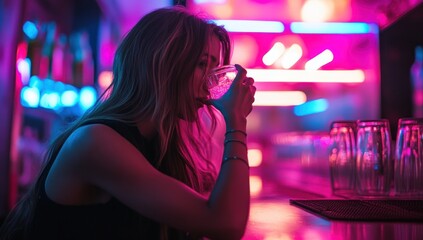 Nightlife allure, Woman enjoying a drink in a vibrant neon-lit bar scene