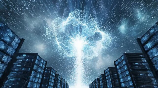 Exploring a futuristic data center with blue light beams and towering server racks