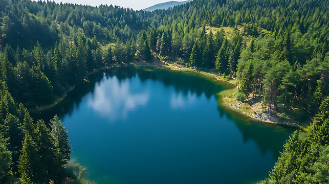 Serene mountain lake surrounded by lush green pine forest reflecting peaceful nature - Powered by Adobe