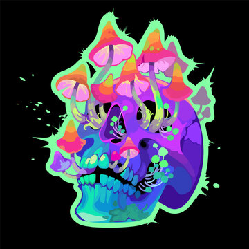 A human skull covered in mushrooms. Vibrant psychedelic colors