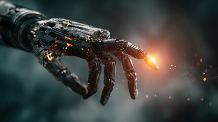 A futuristic robotic hand with illuminated fingertip reaches out, symbolizing technology, innovation, and artificial intelligence.