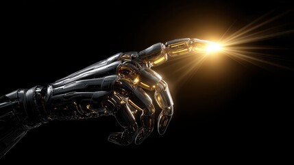 A futuristic robotic hand with illuminated fingertip reaches out, symbolizing technology, innovation, and artificial intelligence.