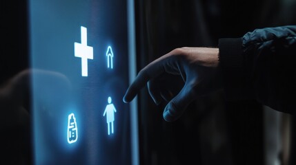 Interactive touch screen display with icons, modern technology interface