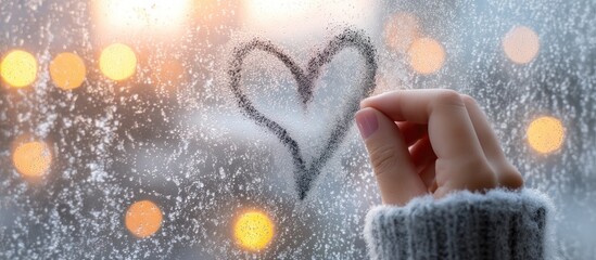 Hand drawing heart shape on frosted glass with warm bokeh background